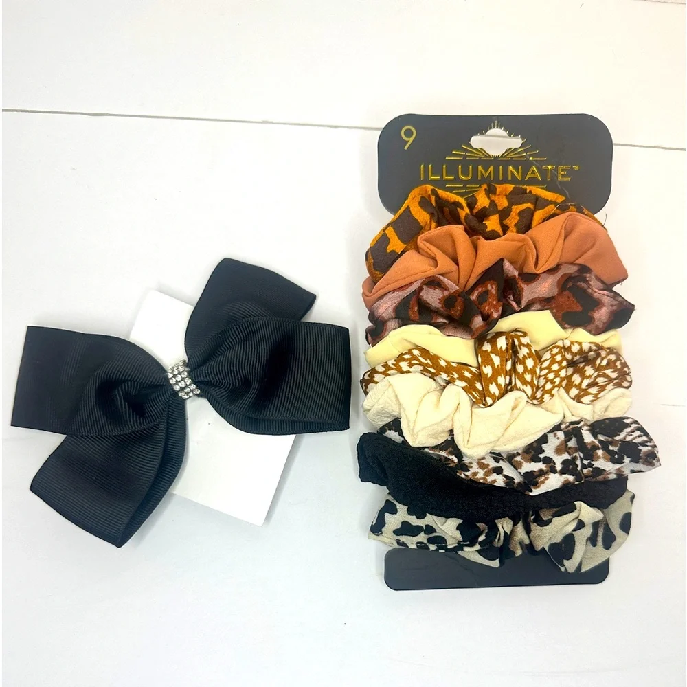 Black & Neutral Animal Print Hair Accessories 9 Hair Scrunchies & 1 Black Bow